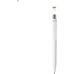 A white plastic pen with a silver cap and a logo at the top. The pen has a clean design and is suitable for writing.