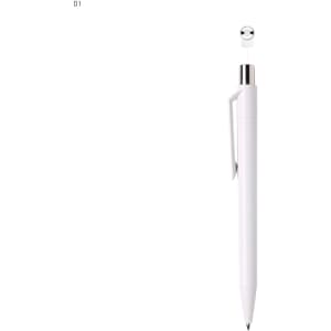 A white plastic pen with a metallic clip and a click mechanism at the top. It features a logo.