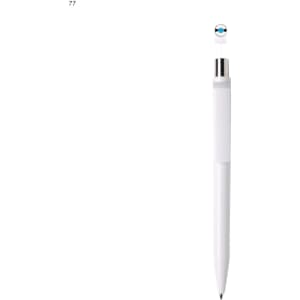 A white plastic pen with a silver clip and a branding logo at the top.