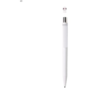 A white plastic pen with a silver clip and an attached cap, featuring a branding logo.