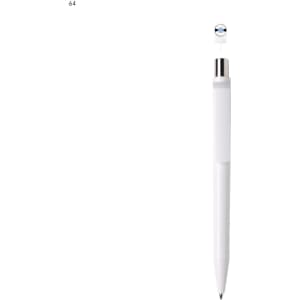 A plastic pen in white with a silver accent and a branding logo at the top.