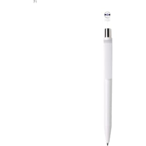 A white plastic pen with a silver clip and a transparent cap, featuring a logo at the top.