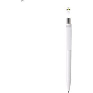 A white plastic pen with a silver clip and a circular design on top. It features a logo.
