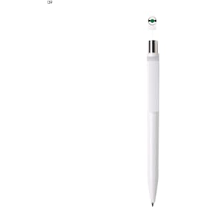 A white plastic pen with a silver clip and a coloured top. It has a branding logo on the top.