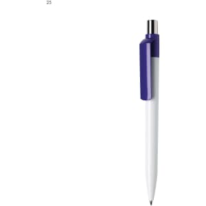 A plastic pen in white with a purple grip and a silver clip. The pen features a branding logo.