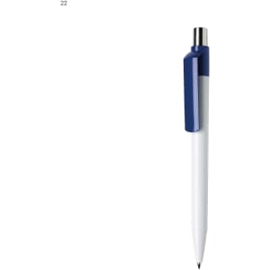 A plastic pen featuring a white barrel and a blue clip, with a metallic tip and a branding logo.