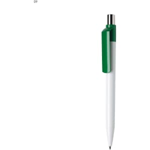 A plastic pen featuring a green clip and a white barrel. The pen has a metal tip and a branding logo.