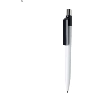 A white plastic pen with a black clip and a silver tip, featuring a logo on the barrel.
