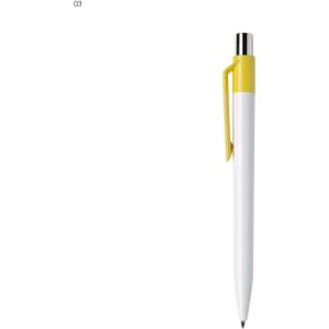 A white plastic pen with a yellow clip and top, featuring a shiny silver tip. Includes a brand logo.