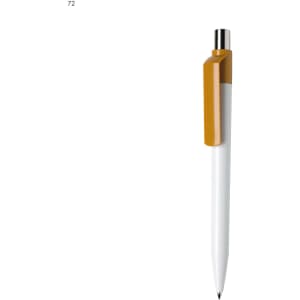 A plastic pen with a white barrel and a yellow-orange clip, featuring a logo on the side.