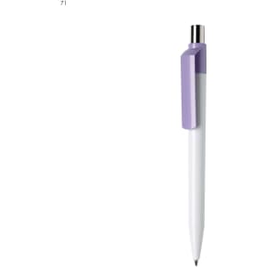 A plastic pen with a white barrel and a lavender clip. Features a logo on the pen.
