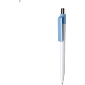 A plastic pen with a white barrel and blue accents, featuring a clip and a silver tip. It has a logo on the body.