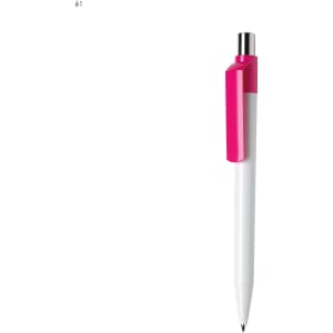 A plastic pen with a white body and a bright pink cap and clip, featuring a branded logo.