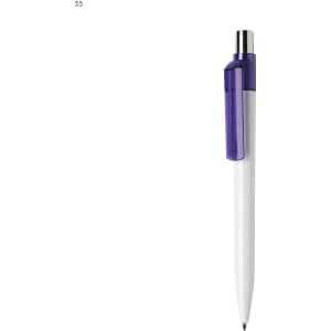 A plastic pen featuring a white barrel and a purple clip, with a silver tip and branding present.