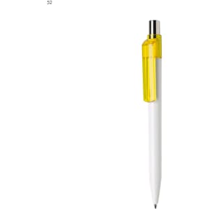 A white plastic pen with a yellow grip and a metallic clip. It features a logo on the body.