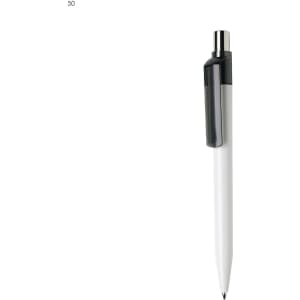 A white plastic pen with a black clip, featuring a branding logo on the clip area.