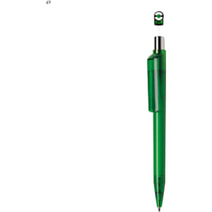 A green plastic pen with a transparent barrel and a silver clip. It features a logo at the top end.