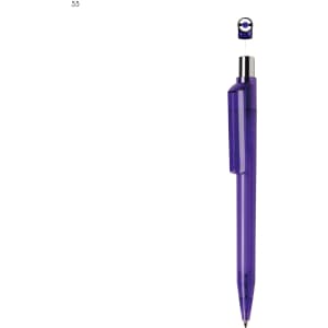 A purple plastic pen with a transparent barrel and a silver clip, featuring a brand logo at the top.