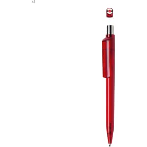 A red plastic pen with a sleek design and a logo on its clip.