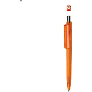 An orange plastic pen with a transparent barrel and silver accents. It features a clip and has a logo.