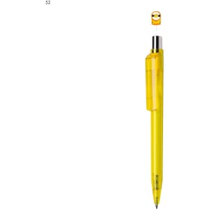 A yellow plastic pen with a transparent body and a clip. It features a logo at the top.