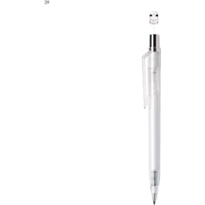 A clear plastic pen with a chrome clip and tip, featuring a promotional logo on the barrel.