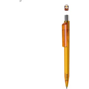 A plastic pen in a bright orange colour with a clear clip and a metallic tip, featuring a logo on the clip.