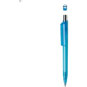 A blue plastic pen with a clear grip and a silver clip. The pen features a round top with a logo.