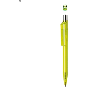 A bright yellow plastic pen with a translucent yellow clip and a silver accent. It features a logo at the top.