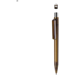 A plastic pen in a transparent brown colour with a silver accent and a clip. It features a brand logo.