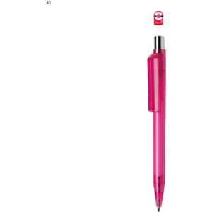 A pink plastic pen with a transparent barrel and a silver clip, featuring a logo on the top.
