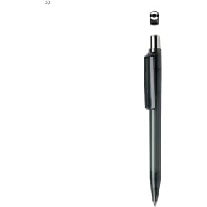 A plastic pen in dark grey with a clip and a circular top, featuring a branding logo.