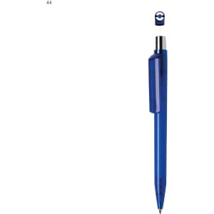A blue plastic pen featuring a transparent barrel and a silver clip. The pen includes a logo on the cap.