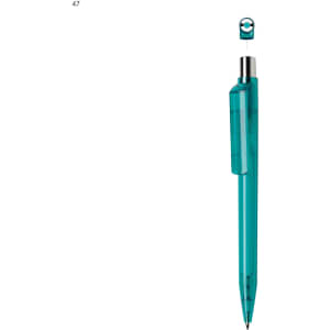 A plastic pen in teal with a transparent clip and a rounded top. It features a logo on the clip.