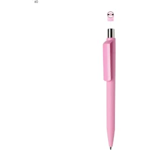 A pink plastic pen with a sleek design and a chrome clip, featuring a logo on the body.
