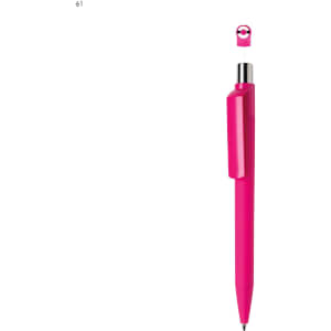A bright pink plastic pen with a rounded, colourful top and a silver clip. It features a logo on the body.