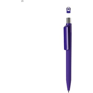 A purple plastic pen with a silver accent and a clip for easy attachment. It features a branding logo on the body.