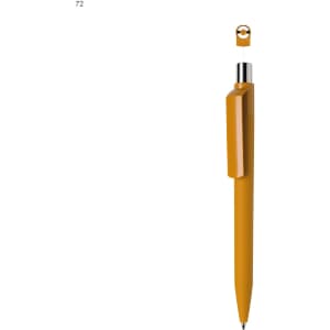 A yellow plastic pen with a removable cap and a silver clip, featuring a logo on the body.