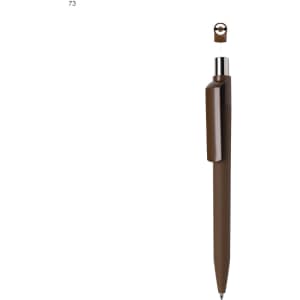 A brown plastic pen with a clip and a metallic accent, featuring a removable top. It has a logo.