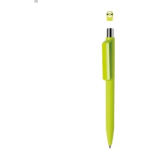 A plastic pen in bright lime green with a sleek design and a silver clip. It features a logo at the top.