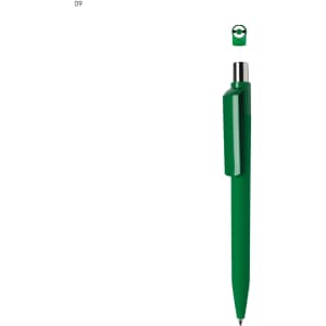 A green plastic pen with a removable cap, featuring a simplistic design and a clip. It has a logo on the pen.