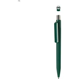 A green plastic pen with a removable top and a chrome clip, featuring a simple logo.