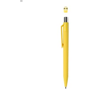 A yellow plastic pen with a clip and a rounded top, featuring a small logo.