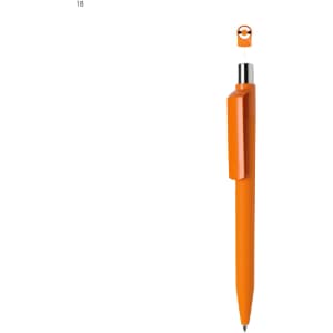 An orange plastic pen with a sleek design and a silver clip, featuring a logo at the top.
