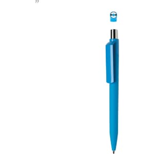 A blue plastic pen with a clip and a removable cap featuring a logo.