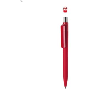 A red plastic pen with a sleek design and a cap featuring a logo at the top.