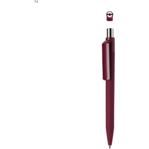 A maroon plastic pen with a shiny silver clip and a removable top. It features a logo on the side.