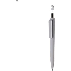 A grey plastic pen with a clip and a silver top, featuring a branding logo on the body.