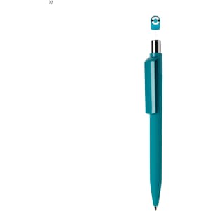 A teal plastic pen with a removable cap and a clip. The pen has a sleek design and a chrome accent.