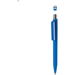A blue plastic pen with a sleek design, featuring a removable cap and a silver clip, includes a logo on the barrel.